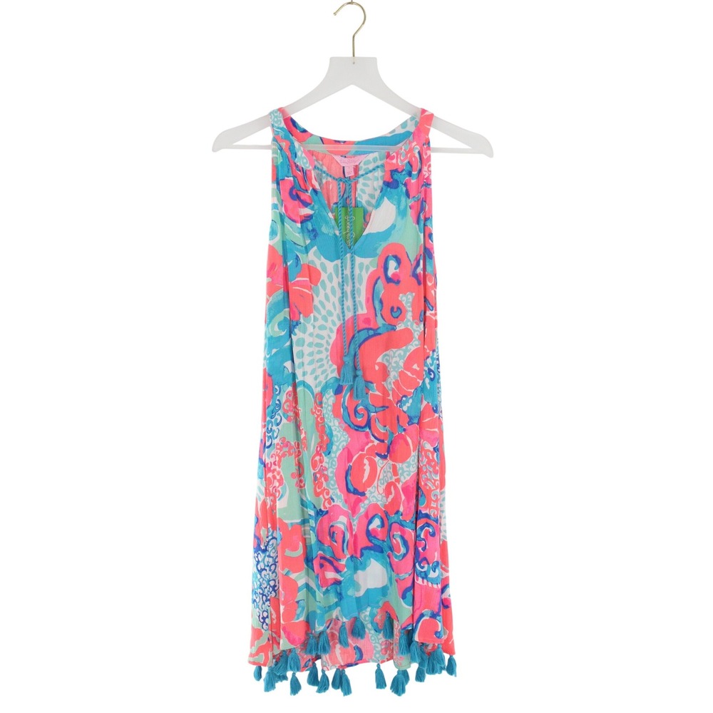 Lilly Pulitzer Roxi Dress Tassel Hem Coral Reef Im So Jelly Size S Pink Blue